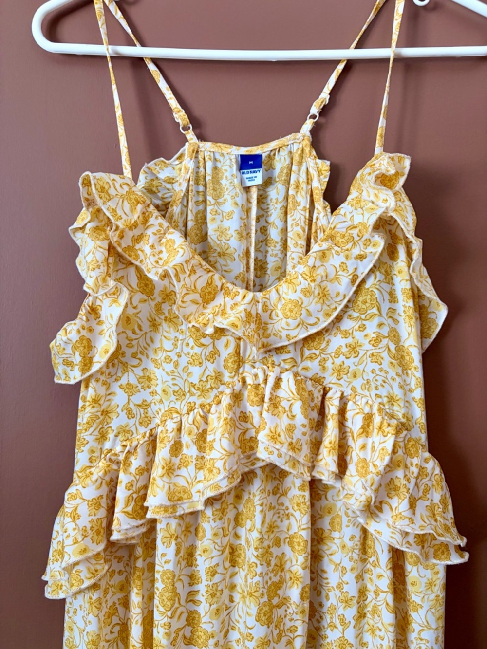 Yellow Floral Maxi Dress M Ruffle Strappy Boho Flowy Summer Wedding Guest